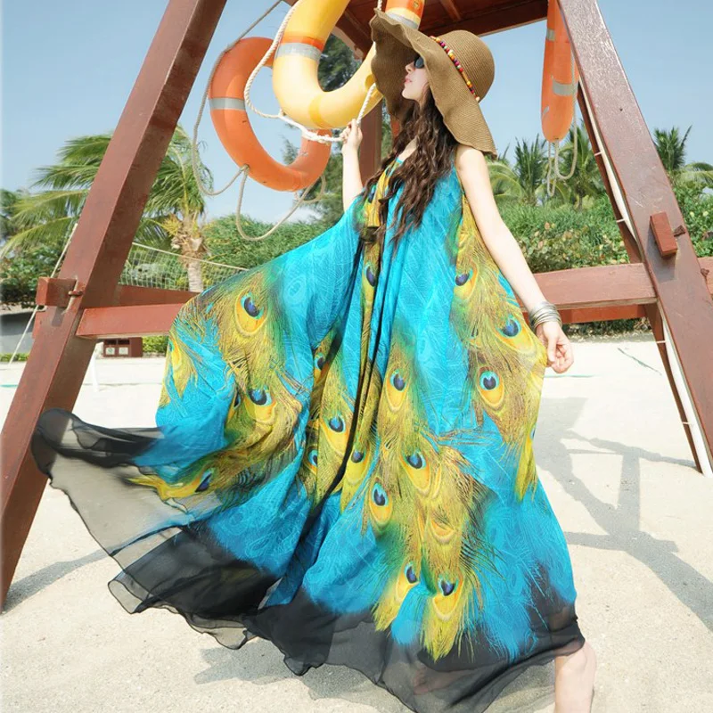 Фото Женское длинное платье с цветочным принтом шифоновое макси элегантное свободное