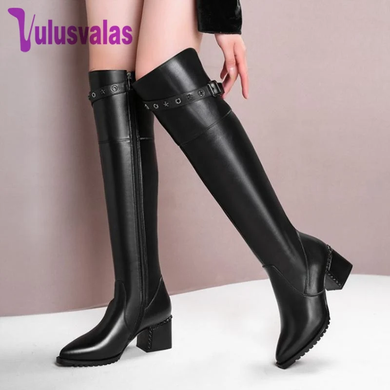Vulusvalas Women Real Leather High Heel Boots Buckle Thick Heel Shoes Women Warm Fur Over Knee Boots Thigh High Shoes Size 34-42
Vulusvalas Women Real Leather High Heel Boots Buckle Thick Heel Shoes Women Warm Fur Over Knee Boots Thigh High Shoes Size 34-42