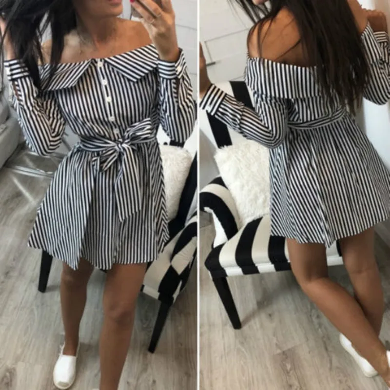 Summer Womens Off Shoulder Shirt Dress Ladies T Shirt Casual Loose Short Dresses Women Striped Bandage Dress Black Red Blue
Summer Womens Off Shoulder Shirt Dress Ladies T Shirt Casual Loose Short Dresses Women Striped Bandage Dress Black Red Blue