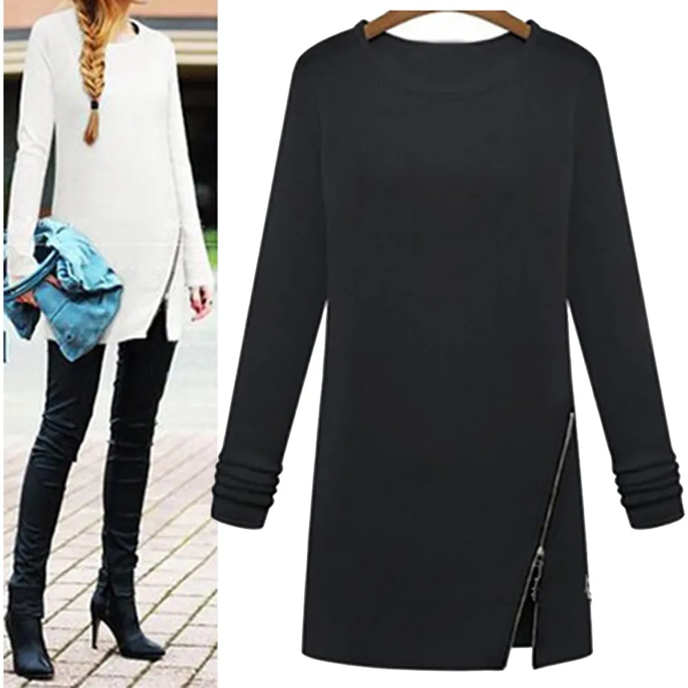 Winter Women clothing Long Sleeve O Neck Female Side Split Pullovers Polyester Zipper Long Solid female Blouse Tops
Winter Women clothing Long Sleeve O Neck Female Side Split Pullovers Polyester Zipper Long Solid female Blouse Tops