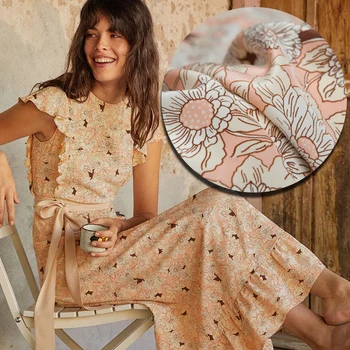 Light peach pink and beige floral printed pure silk crepe de chine fabric, sewing for dress, skirt, blouse, craft by the yard 
Light peach pink and beige floral printed pure silk crepe de chine fabric, sewing for dress, skirt, blouse, craft by the yard