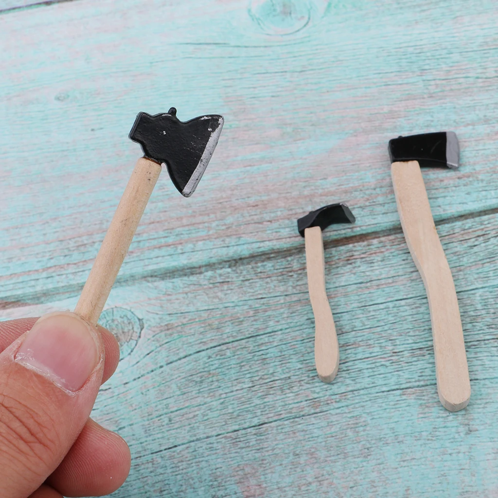 3pcs Wooden Metal Hatchet Axe Set for 1:12 Dollhouse Miniature Fairy Garden Tools