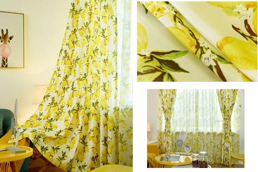 Yellow Sheer Tulle Hook Top Half-Shading Cloth Curtain Lemon Print Drape 1 Panel 