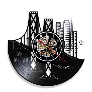 

1Piece San Francisco Vinyl Record Wall Clock California Skyline Led Light Bay Area Golden Gate Bridge Wall Art