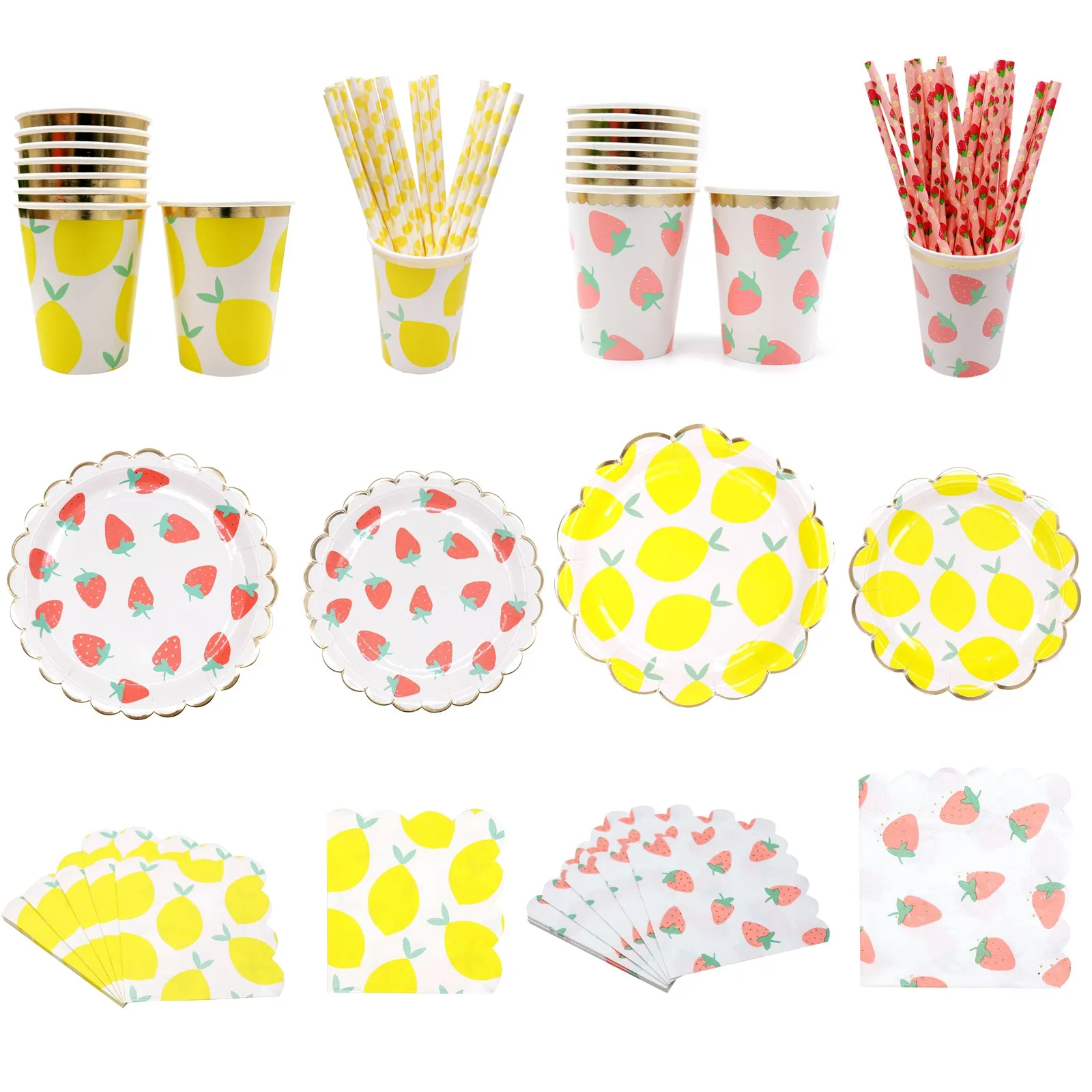 Hot Stamping Disposable Strawberry Lemon Tableware Paper Straw Plate Cup Napkins for Wedding Birthday Party Decor Supplies
Hot Stamping Disposable Strawberry Lemon Tableware Paper Straw Plate Cup Napkins for Wedding Birthday Party Decor Supplies