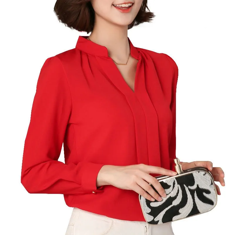 Черная красная белая шифоновая блузка Женская Осенняя 2018 элегантные женские