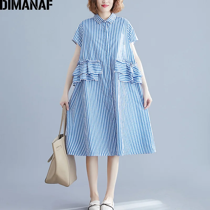 

DIMANAF Plus Size Women Dress Big Size Ruffles Female Vestidos Lady Dress Loose Striped Blue Summer Sundress Cotton Clothes 2019