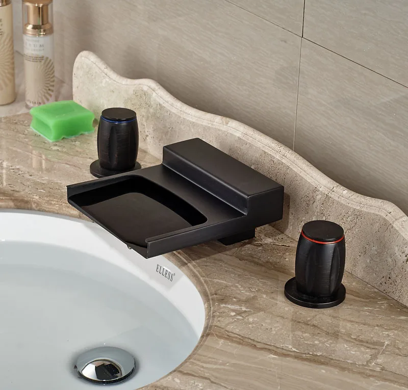 Contemporary Deck Mounted 3pcs Bathroom Tap Oil Rubbed Broze Basin Faucet Hot&Cold Faucet