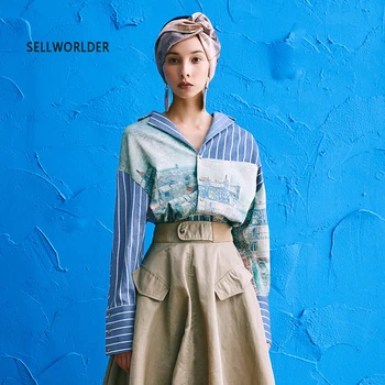 2019 Spring women long sleeve irregular Loose striped vintage Stitching printing shirt female
2019 Spring women long sleeve irregular Loose striped vintage Stitching printing shirt female