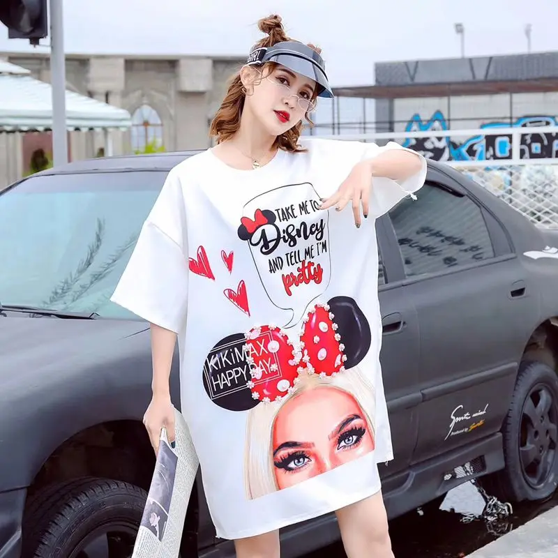 Thai street fashion cartoon beaded heavy T-shirt female long section loose ageing fashion short-sleeved dress summer
Thai street fashion cartoon beaded heavy T-shirt female long section loose ageing fashion short-sleeved dress summer