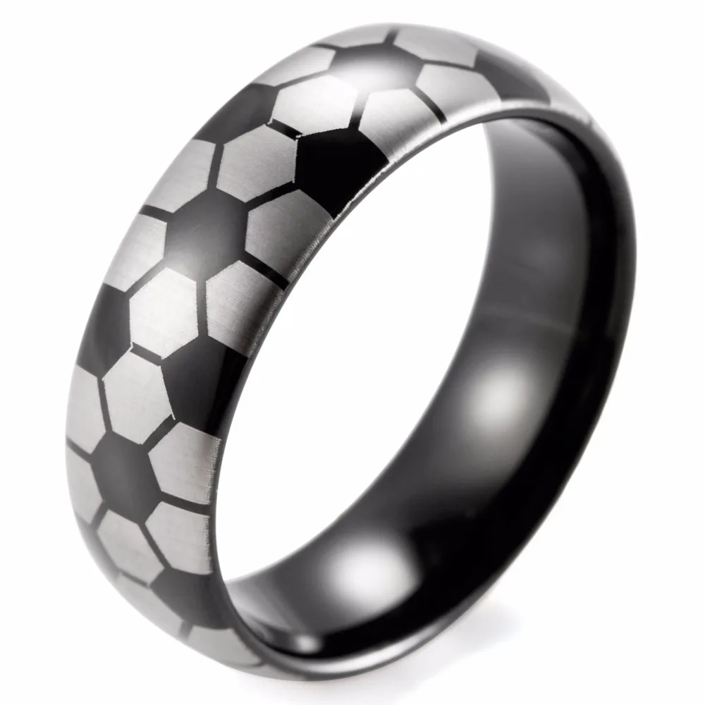 Image 8mm Men s Dome Black Tungsten Carbide Soccer Ball design ring with white style lasering Wedding Ring for Men