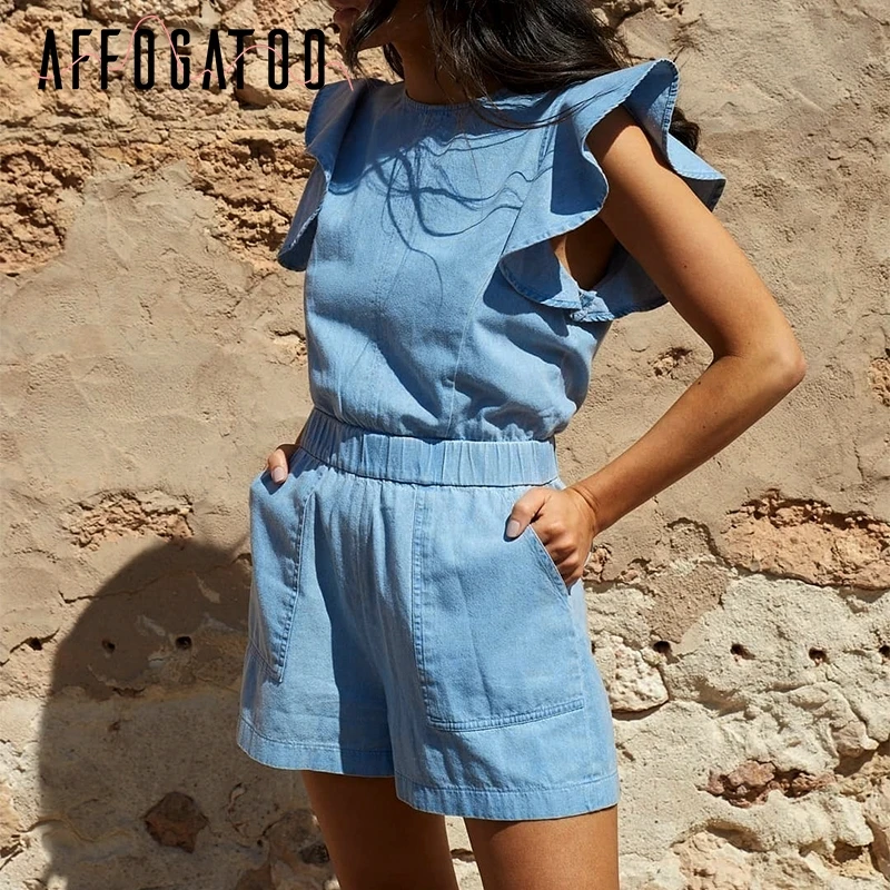 Affogatoo Elegant Cotton solid short Jean jumpsuit Women Casual ruffle sleeve female playsuit High waist pockets ladies overalls
Affogatoo Elegant Cotton solid short Jean jumpsuit Women Casual ruffle sleeve female playsuit High waist pockets ladies overalls