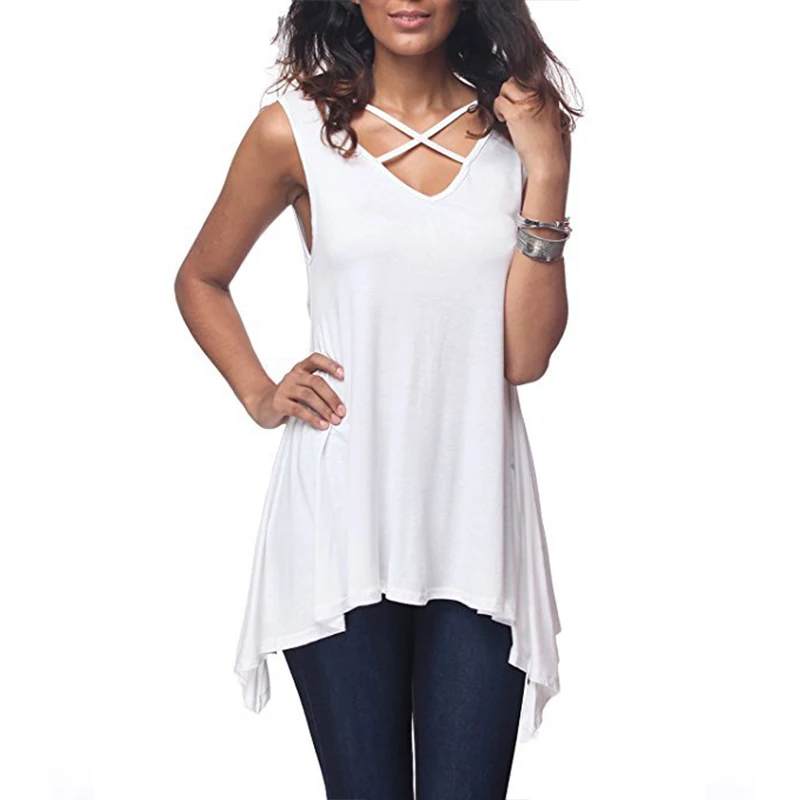 Sexy Criss Cross V Neck T Shirt 2019 Ladies Summer Sleeveless Tee Tops Loose Irregular Hem Long Tops Casual Solid Women T-Shirts
Sexy Criss Cross V Neck T Shirt 2019 Ladies Summer Sleeveless Tee Tops Loose Irregular Hem Long Tops Casual Solid Women T-Shirts