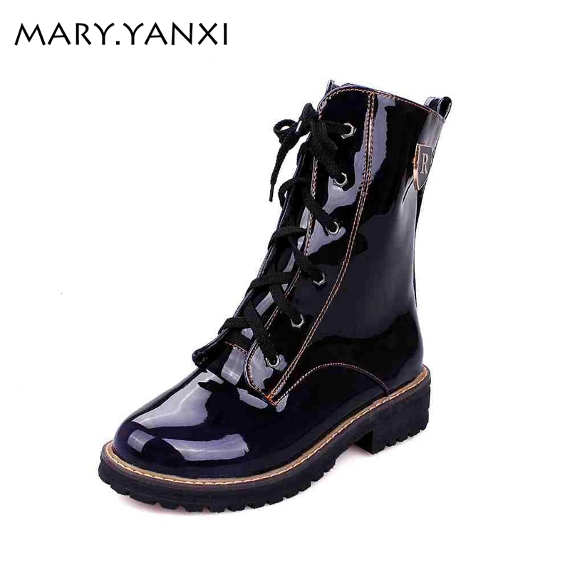 Spring/Autumn women boots Square heel Motorcycle boots Mid-Calf Casual boots Patent Leather LaceUp Knight boots size34-43
Spring/Autumn women boots Square heel Motorcycle boots Mid-Calf Casual boots Patent Leather LaceUp Knight boots size34-43