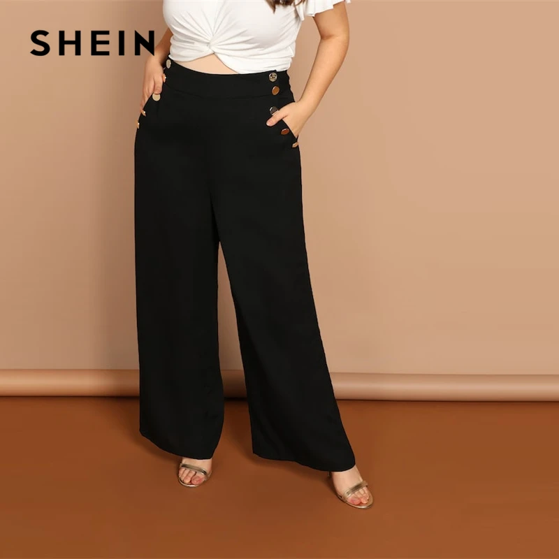 

SHEIN Black Plus Button Detail Slant Pocket Palazzo Plain Wide Leg Pants Women Office Lady 2019 Fashion Solid Trousers