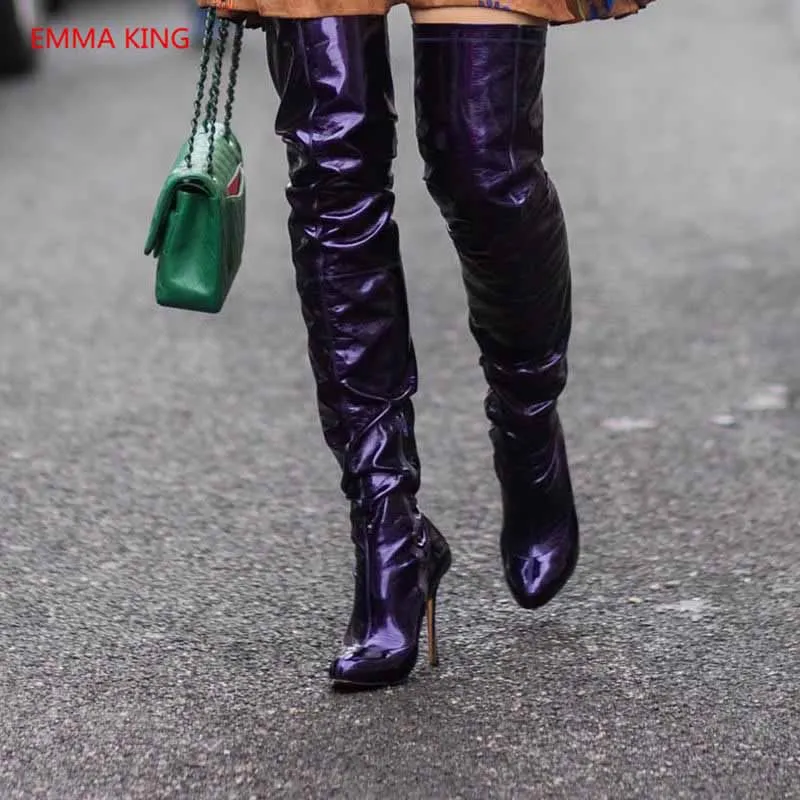 

Fashion Pointed Toe Women Over The Knee Boots Luxury Patent Leather High Heels Thigh High Boot Woman Autumn Winter Shoes Booties