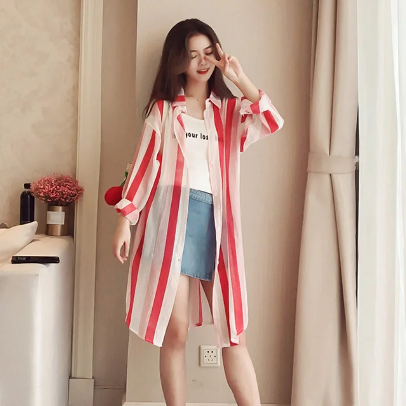 Turn-down Collar Sunscreen Blouses Long Sleeves Long Cardigan Striped Print Womens Tops And Sun Protection Beach Women's Shirt
Turn-down Collar Sunscreen Blouses Long Sleeves Long Cardigan Striped Print Womens Tops And Sun Protection Beach Women's Shirt