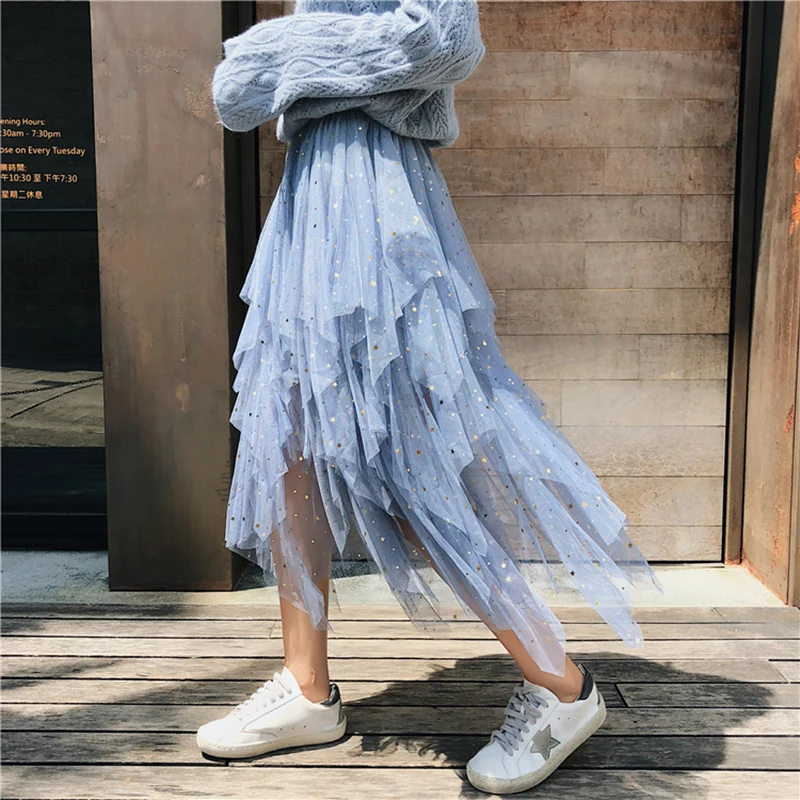 High Waist Irregular Mesh Skirt Women Elastic Waist Sequins Stars Ball Gown Skirt Autumn Streetwear Casual Female Midi Skirts
High Waist Irregular Mesh Skirt Women Elastic Waist Sequins Stars Ball Gown Skirt Autumn Streetwear Casual Female Midi Skirts