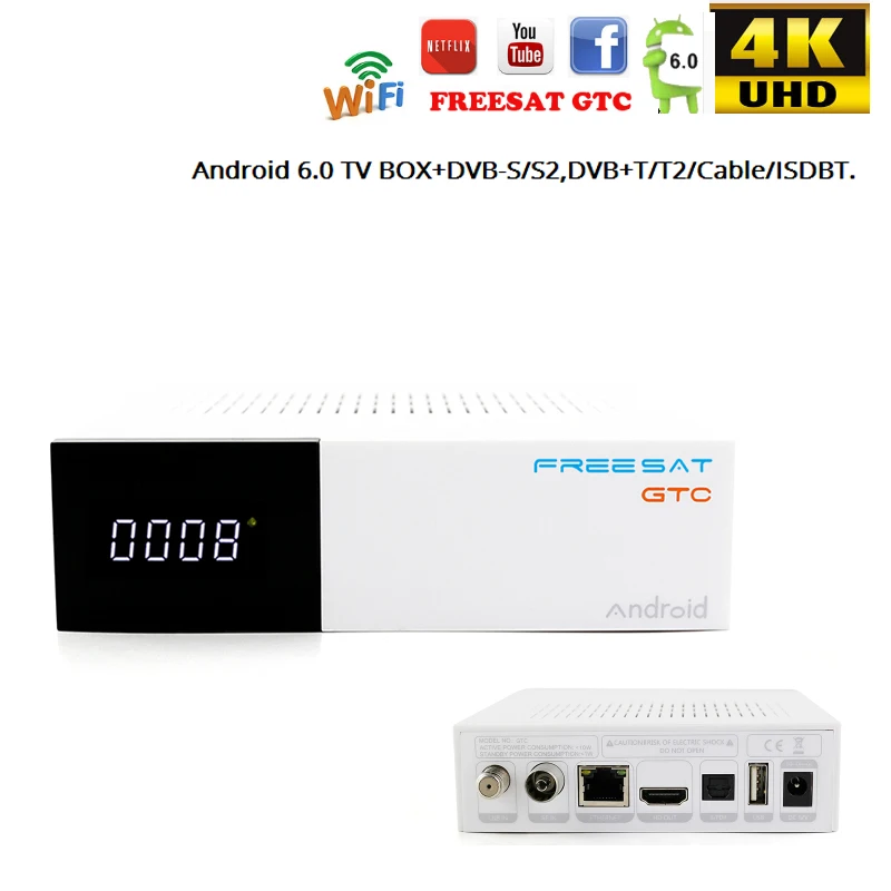 

Freesat GTC Satellite Receiver DVB-S2 DVB-C DVB-T2 ISDB-T 2GB RAM 16GB ROM Wifi 2.4G+BT4.0 Amlogic S905D Top set box android 6.0