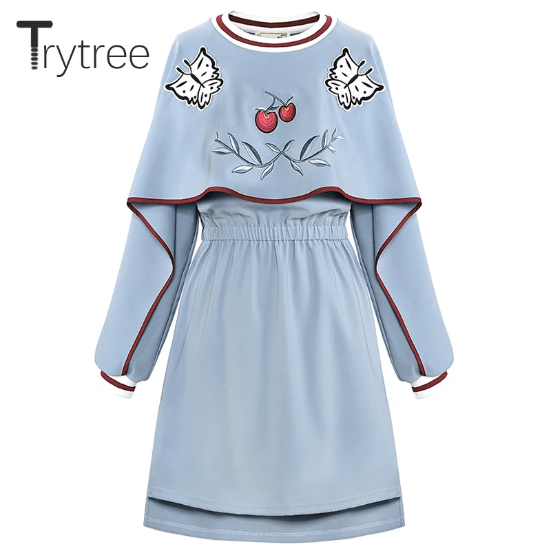 Trytree Dress Autumn Butterfly Embroidery women Batwing Sleeve O-Neck Shirt dresses Above Knee Casual Polyester Straight Dress
Trytree Dress Autumn Butterfly Embroidery women Batwing Sleeve O-Neck Shirt dresses Above Knee Casual Polyester Straight Dress