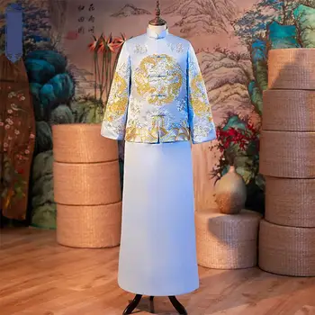 Blue Bridegroom Marriage Set Top Embroidery Cheongsam Dragon Classic Noble Royal Long Robe Gown Vintage Button Ancient Vestido
Blue Bridegroom Marriage Set Top Embroidery Cheongsam Dragon Classic Noble Royal Long Robe Gown Vintage Button Ancient Vestido
