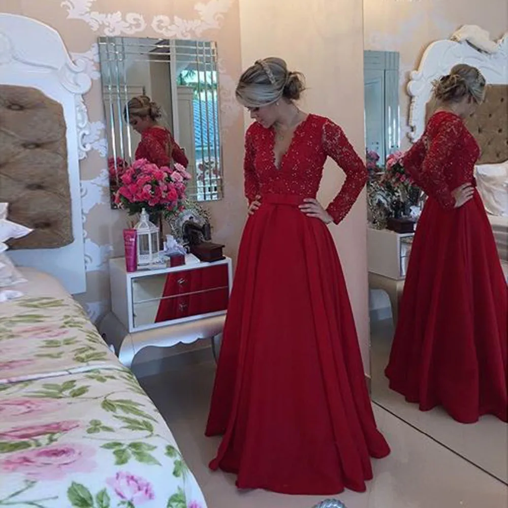 Fashion Long Sleeve Lace Tops Evening Dresses Red Chiffon Sexy Sheer Back Prom Gowns for Wedding Party Custom Made
Fashion Long Sleeve Lace Tops Evening Dresses Red Chiffon Sexy Sheer Back Prom Gowns for Wedding Party Custom Made