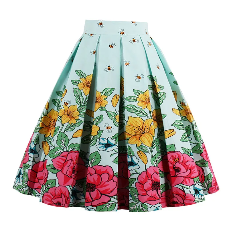 Kostlish Retro Print Flower Summer Skirts Womens 2017 High Waist Vintage Skirt Elegant A-Line Midi Women Skirt Plus Size XXL 22 (11)