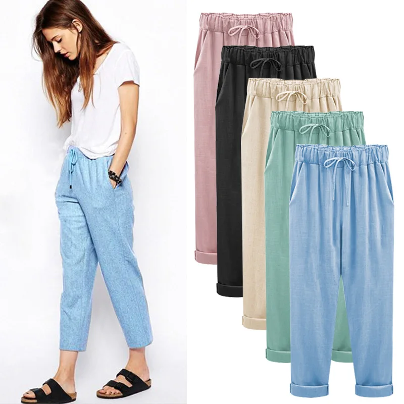 Womens Summer Cotton Linen Elastic Waist Loose Casual Pants Pockets Trousers