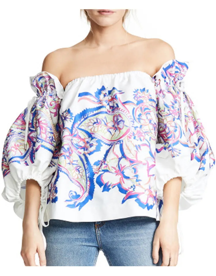 HEE GRAND Women Shirts Plus Size XXL Summer 2019 Sexy Slash Neck Print Blusas 3/4 Lace-up Lantern Sleeve Blouses WCL1668 |