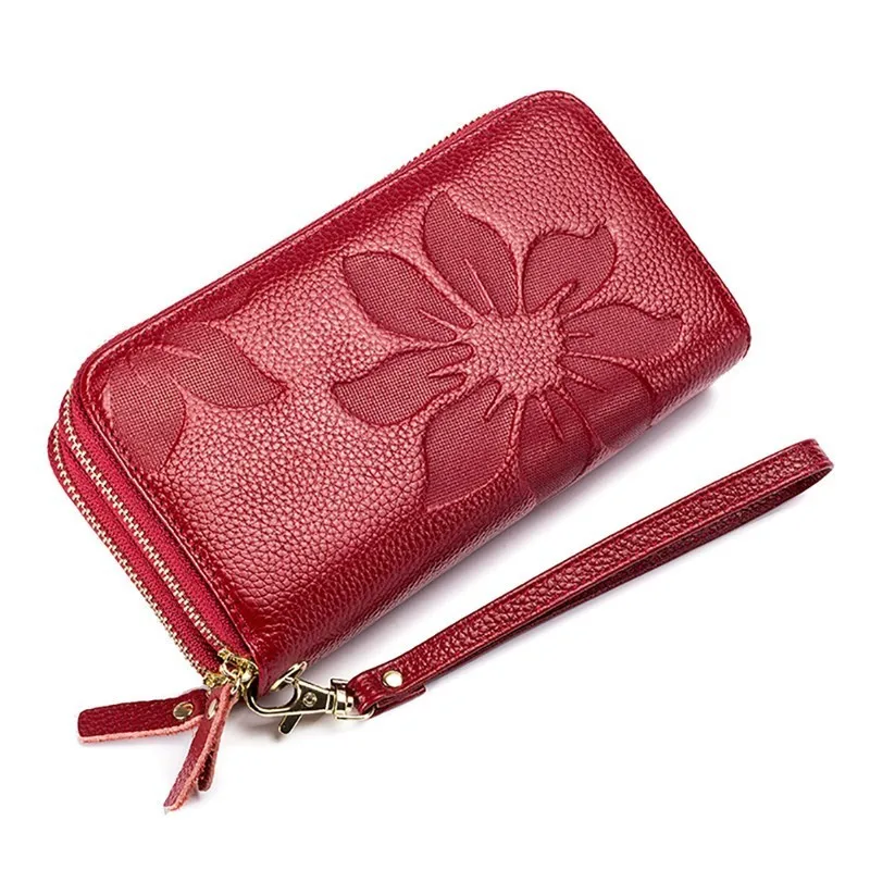 

High Capacity Card Holder Wallet Female Wristlet Genuine Leather Floral Embossed Long Wallets For Women Double Zipper Clutch Bag