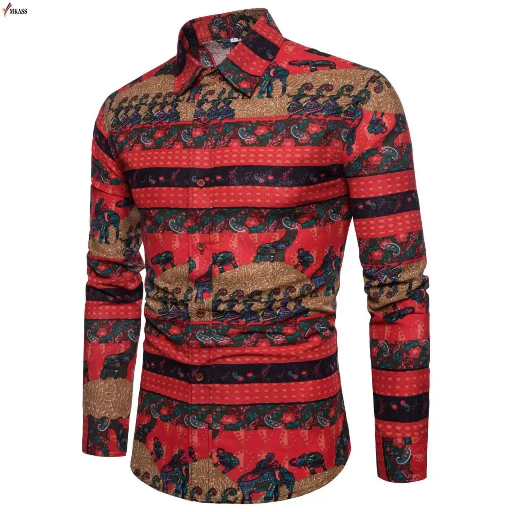 2018 Mens Fashion Trend Flower Shirt Spring Print Shirt Brand Flax Casual Business Long Sleeve Dress Shirts Plus Size 5XL