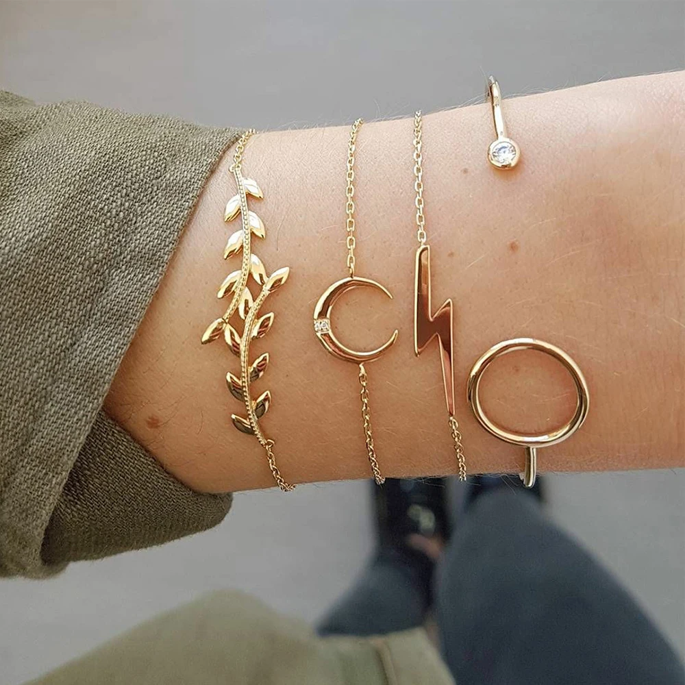 4 Pcs/set Punk Lightning Circle Crystal Moon Leaf Open Gold Bracelet Set Women Fashion Beach Accessories Gift Jewelry
4 Pcs/set Punk Lightning Circle Crystal Moon Leaf Open Gold Bracelet Set Women Fashion Beach Accessories Gift Jewelry