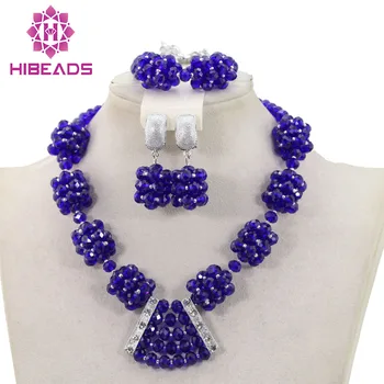 New Royal Blue Crystal Beaded Pendant Necklace Set Handmade African Beaded Balls Gift Jewelry Set Free Shipping WD991