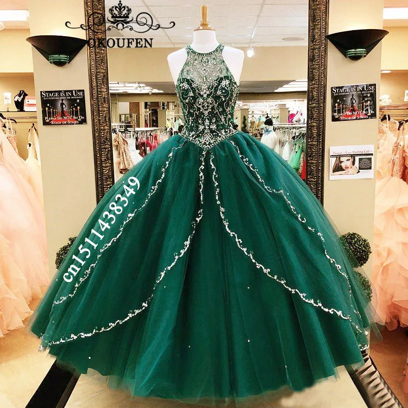 Роскошное длинное платье Quinceanera с серебряными бусинами и кристаллами зеленое