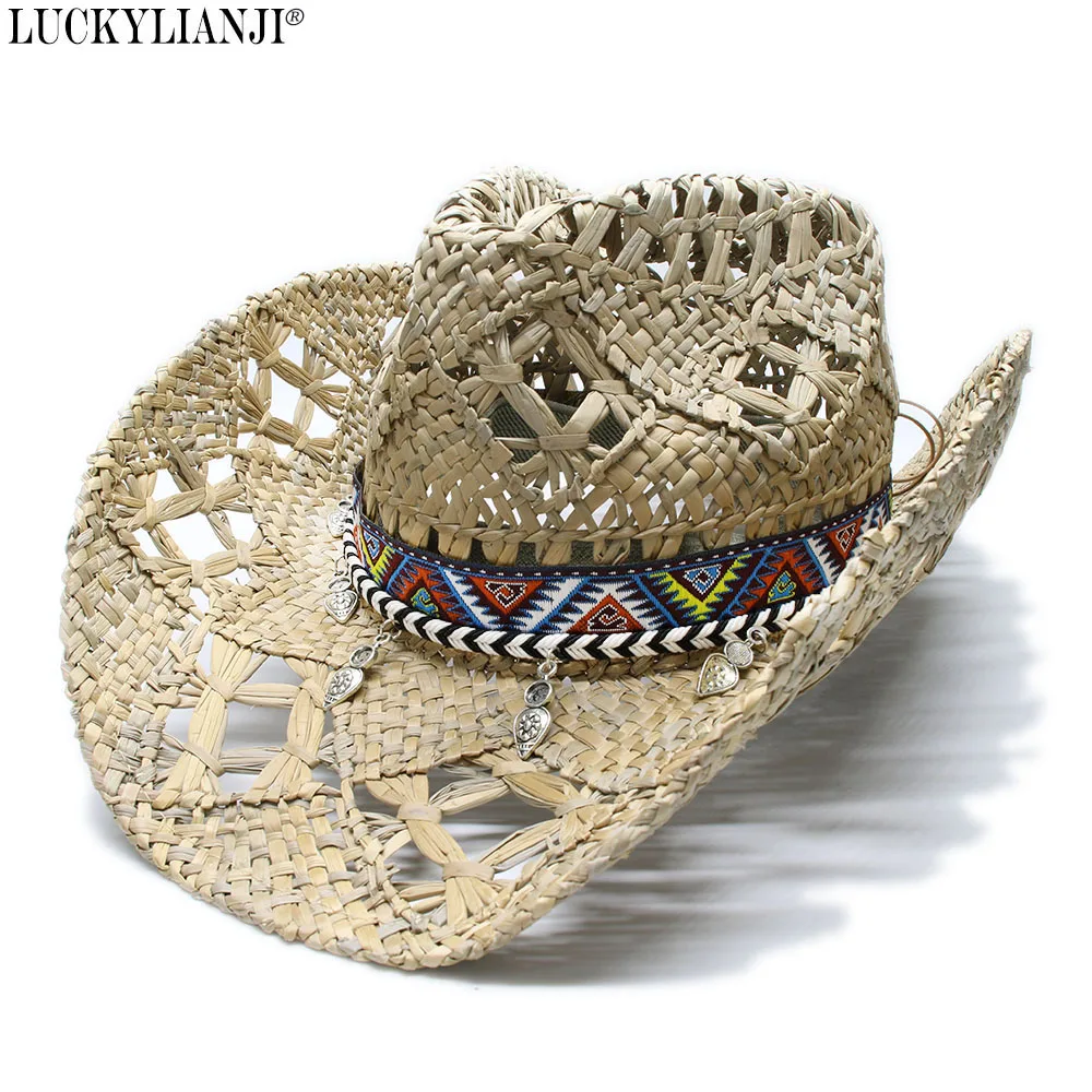 LUCKYLIANJI Women's Men's Wide Brim Straw Sun Beach Cowboy Cowgirl Western Hat Vintage Ethnic Style Pendant Braid Band (58cm)
LUCKYLIANJI Women's Men's Wide Brim Straw Sun Beach Cowboy Cowgirl Western Hat Vintage Ethnic Style Pendant Braid Band (58cm)