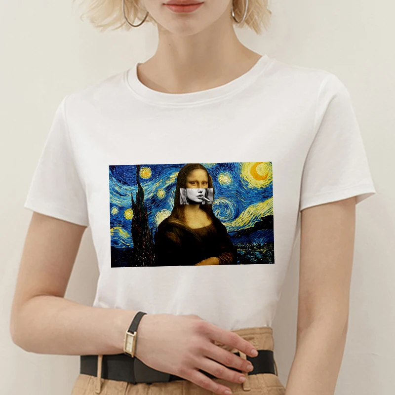 Новинка 2019 летняя футболка Женская смешная Футболка с принтом spoof Mona Lisa в стиле