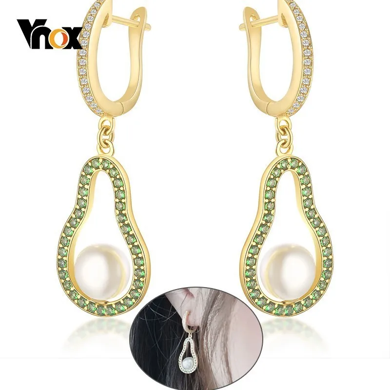 

Vnox Unique Designed Avocado Shaped Earrings for Women Bling CZ Stones Gold Color 925 Sterling Silver Dangle Earring brincos