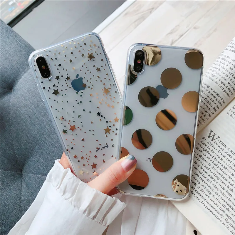 Soft IMD TPU Coque for Iphone Xr Case Transparent E-plated Gold Dot Stars Patterned Case for Iphone 7 8 6 6S Plus Xs Max X Cover
Soft IMD TPU Coque for Iphone Xr Case Transparent E-plated Gold Dot Stars Patterned Case for Iphone 7 8 6 6S Plus Xs Max X Cover
