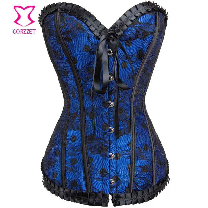 

Women's Shaper Sexy Female Blue Satin Lace Waist Training Corsets Polka Dot Bustier Top Push Up Overbsut corpetes e espartilhos