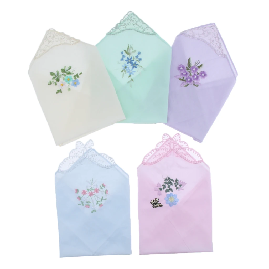 5 Pieces Women Ladies Cotton Handkerchiefs Floral Embroidered with Lace Edge 28 x 28cm