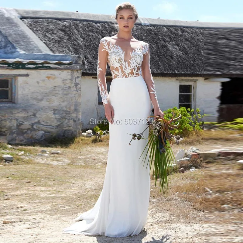 Chiffon Long Sleeves Wedding Dresses Vestidos De Noiva Scoop Lace Appliques Open Back Floor Length Bridal Gown Custom Made
Chiffon Long Sleeves Wedding Dresses Vestidos De Noiva Scoop Lace Appliques Open Back Floor Length Bridal Gown Custom Made