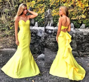 Yellow Satin Mermaid Prom Dresses Sweetheart Ruffles Cutaway Sides Backless Long Prom gown evening dresses Simple Sweep Train
Yellow Satin Mermaid Prom Dresses Sweetheart Ruffles Cutaway Sides Backless Long Prom gown evening dresses Simple Sweep Train