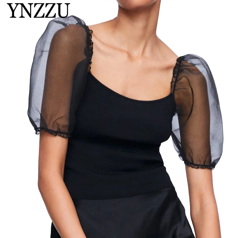 YNZZU 2019 Summer Puff sleeve women elastic knit tops Square collar semi-sheer black ladies Knitted t-shirt Sexy fashion YT646
YNZZU 2019 Summer Puff sleeve women elastic knit tops Square collar semi-sheer black ladies Knitted t-shirt Sexy fashion YT646