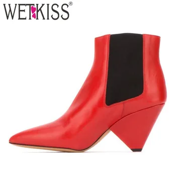 

WETKISS Chelsea Boots Women Cow Leather Ankle Booties Female Spike Heels High Shoes Ladies Party Pointed Toe Shoes 2020 New