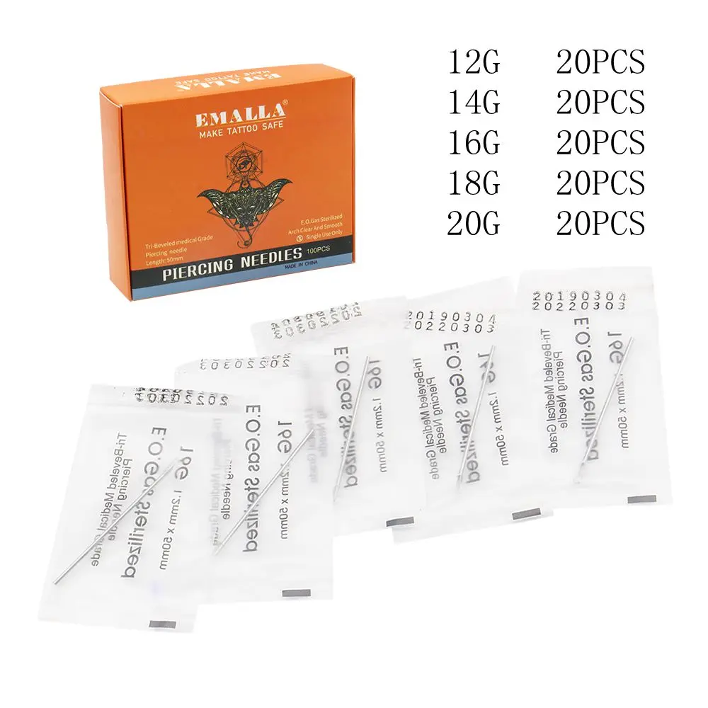 EMALLA 12G 14G 16G 18G 20G 100PC Piercing Needle Sterile Disposable Body MIXED Piercing Needles For Ear Nose Navel Nipple
EMALLA 12G 14G 16G 18G 20G 100PC Piercing Needle Sterile Disposable Body MIXED Piercing Needles For Ear Nose Navel Nipple