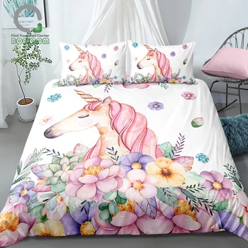 

BOMCOM 3D Digital Printing Watercolor Hand Drawn Floral Sleeping Rainbow Unicorn Bedding Set 100% Microfiber Pink