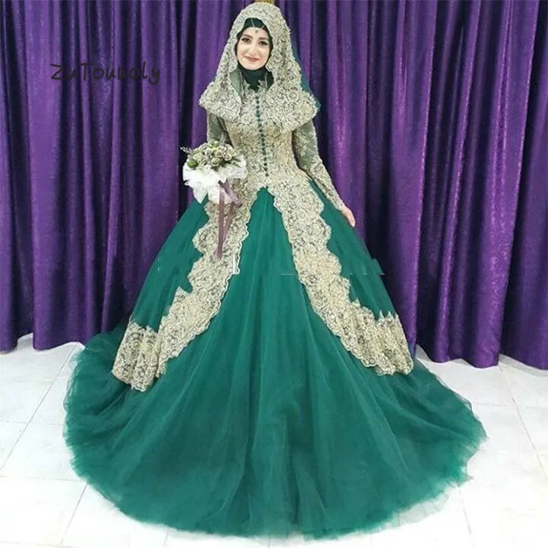 Islamic Green Muslim Wedding Dress Irish With Gold Appliques Ball Gown Long Sleeve Tulle robe de mariee princesse Vintage Dress
Islamic Green Muslim Wedding Dress Irish With Gold Appliques Ball Gown Long Sleeve Tulle robe de mariee princesse Vintage Dress