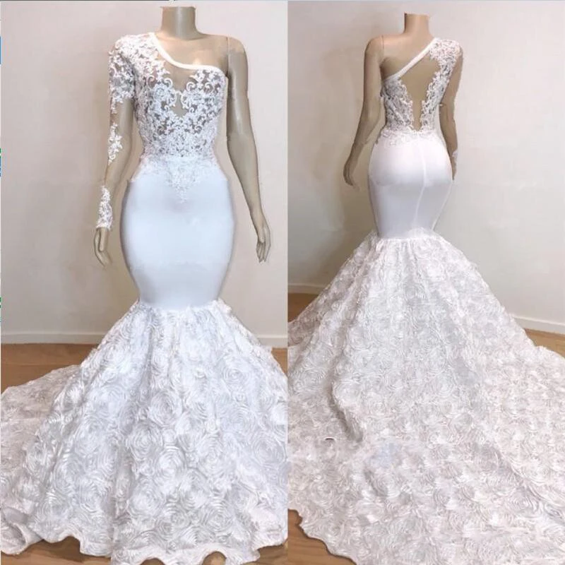 White One Shoulder Prom Dresses Lace Appliques Illusion Long Sleeves Sexy Back Women Party Gowns Sweep Train Satin Formal
White One Shoulder Prom Dresses Lace Appliques Illusion Long Sleeves Sexy Back Women Party Gowns Sweep Train Satin Formal