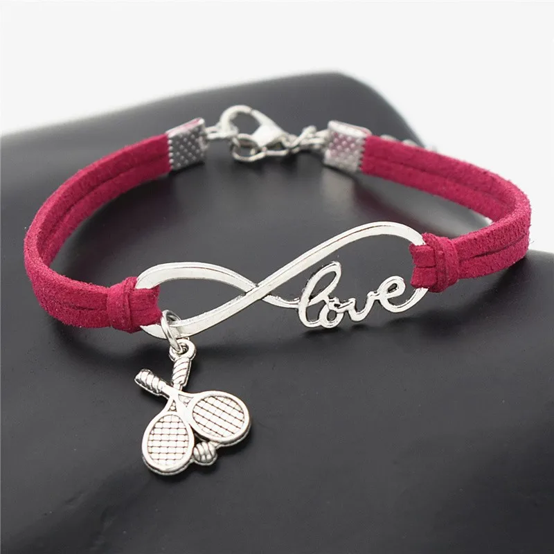 10 Colors New Women Men Sports Jewelry Antique Sliver Infinity Charm Love Ball Tennis Racket Pendant Leather Bracelets for Lover
10 Colors New Women Men Sports Jewelry Antique Sliver Infinity Charm Love Ball Tennis Racket Pendant Leather Bracelets for Lover