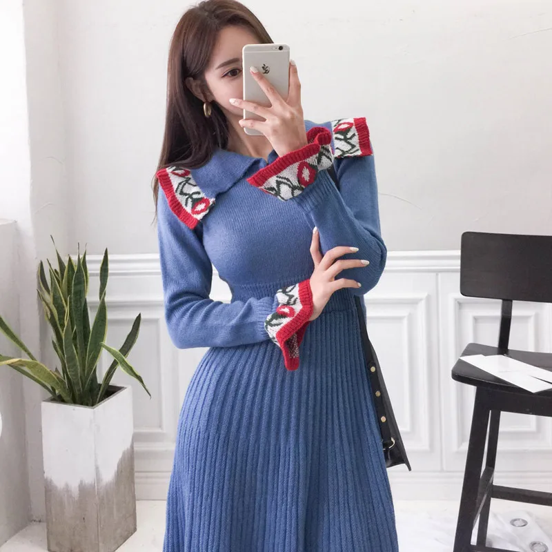 Cross-border winter 2019 New Retro doll-collar horn sleeve waist pleated sweater dress woman
Cross-border winter 2019 New Retro doll-collar horn sleeve waist pleated sweater dress woman
